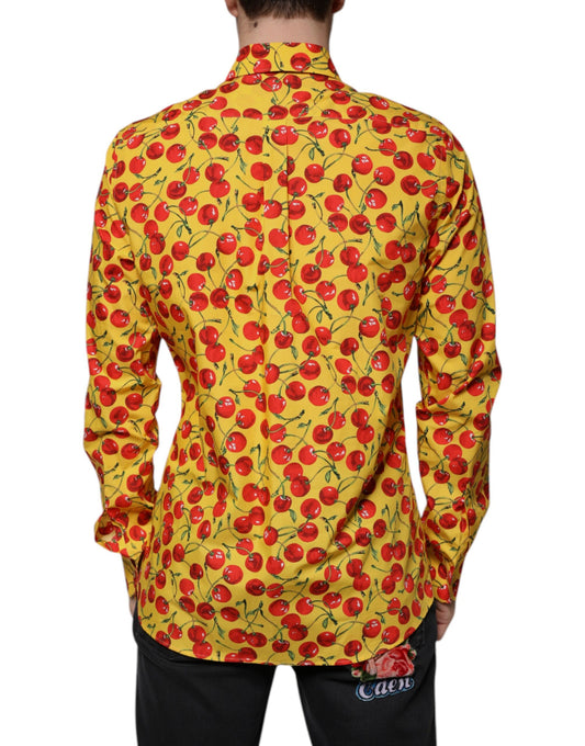 A yellow dress shirt with a cherry print pattern