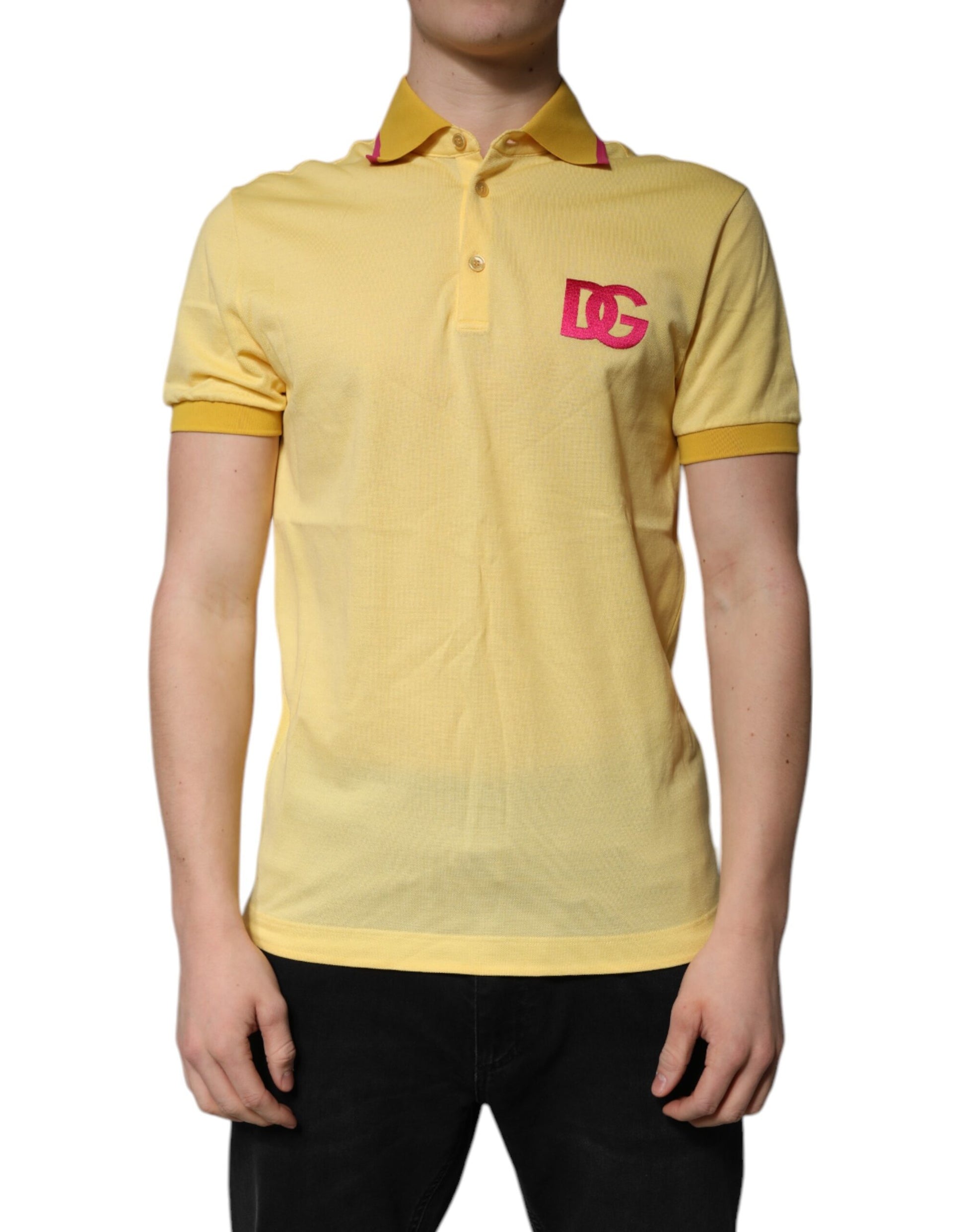 Yellow polo shirt with red logo on collar