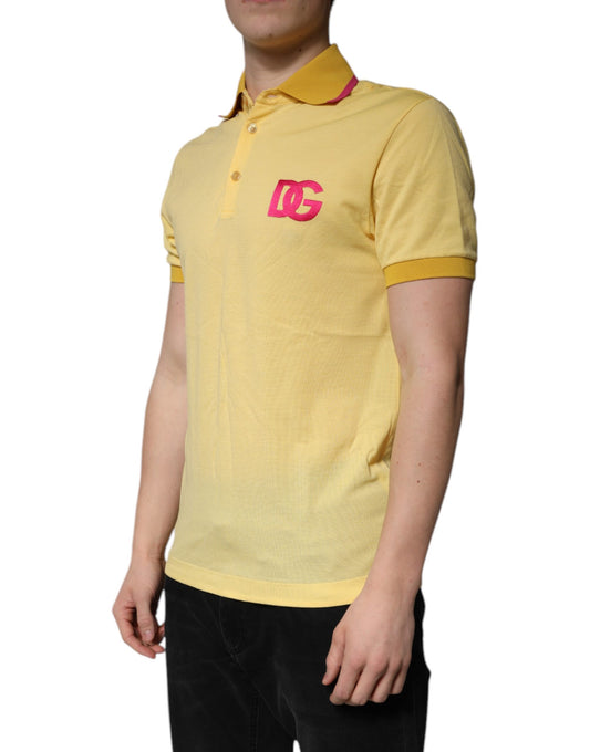 Yellow polo shirt with red logo on front