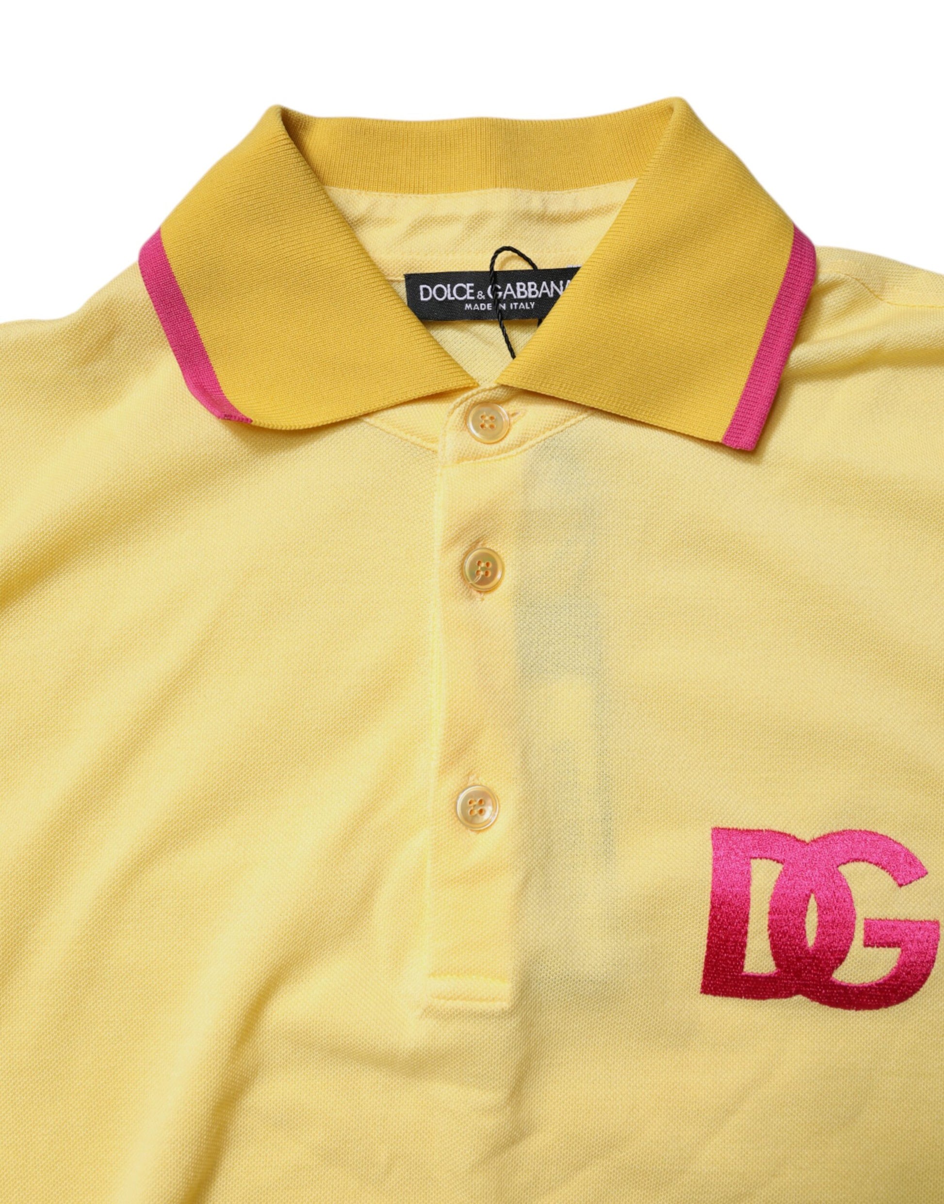 Yellow polo shirt with red collar and DC logo on chest