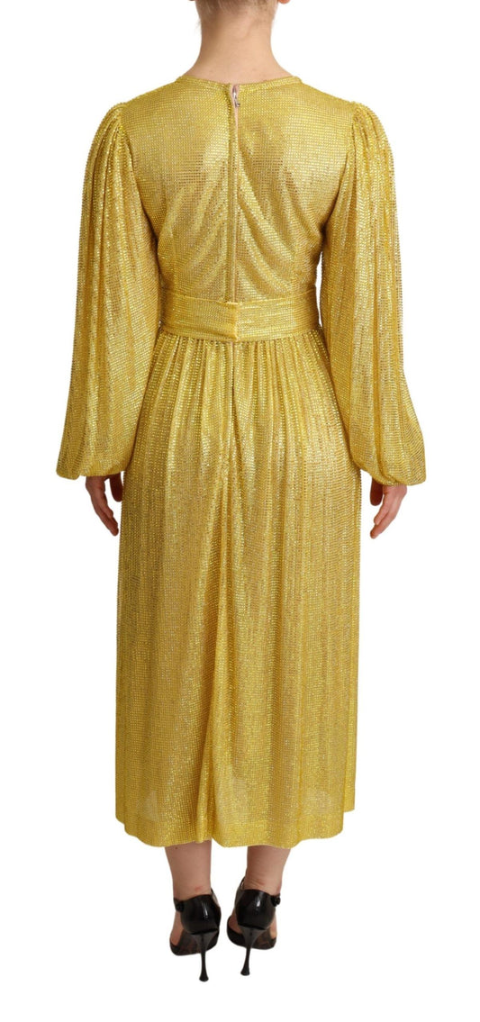 A long yellow dress with crystal mesh detailing and pleats