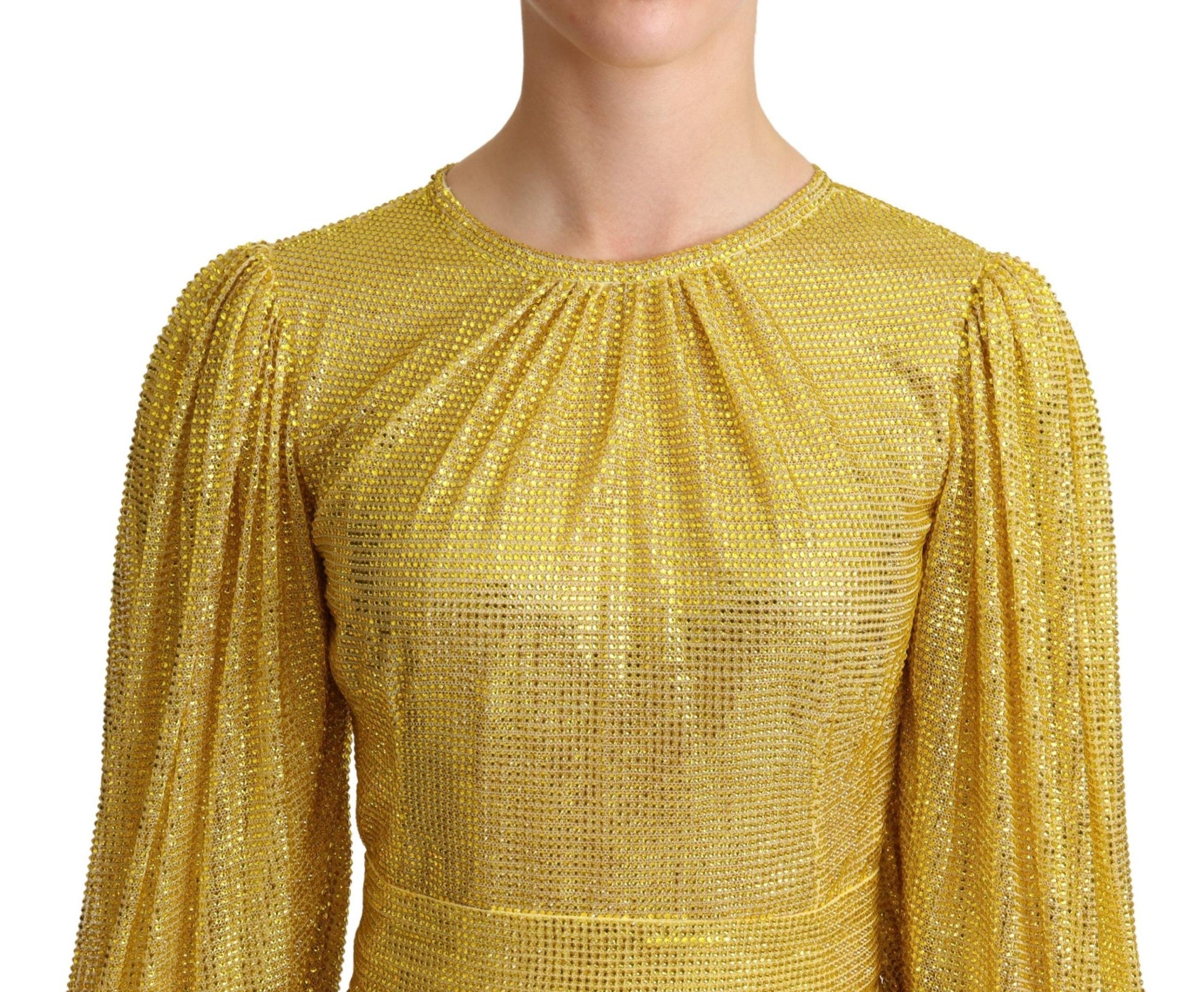 A yellow crystal mesh pleated maxi dress by Dolce & Gabbana