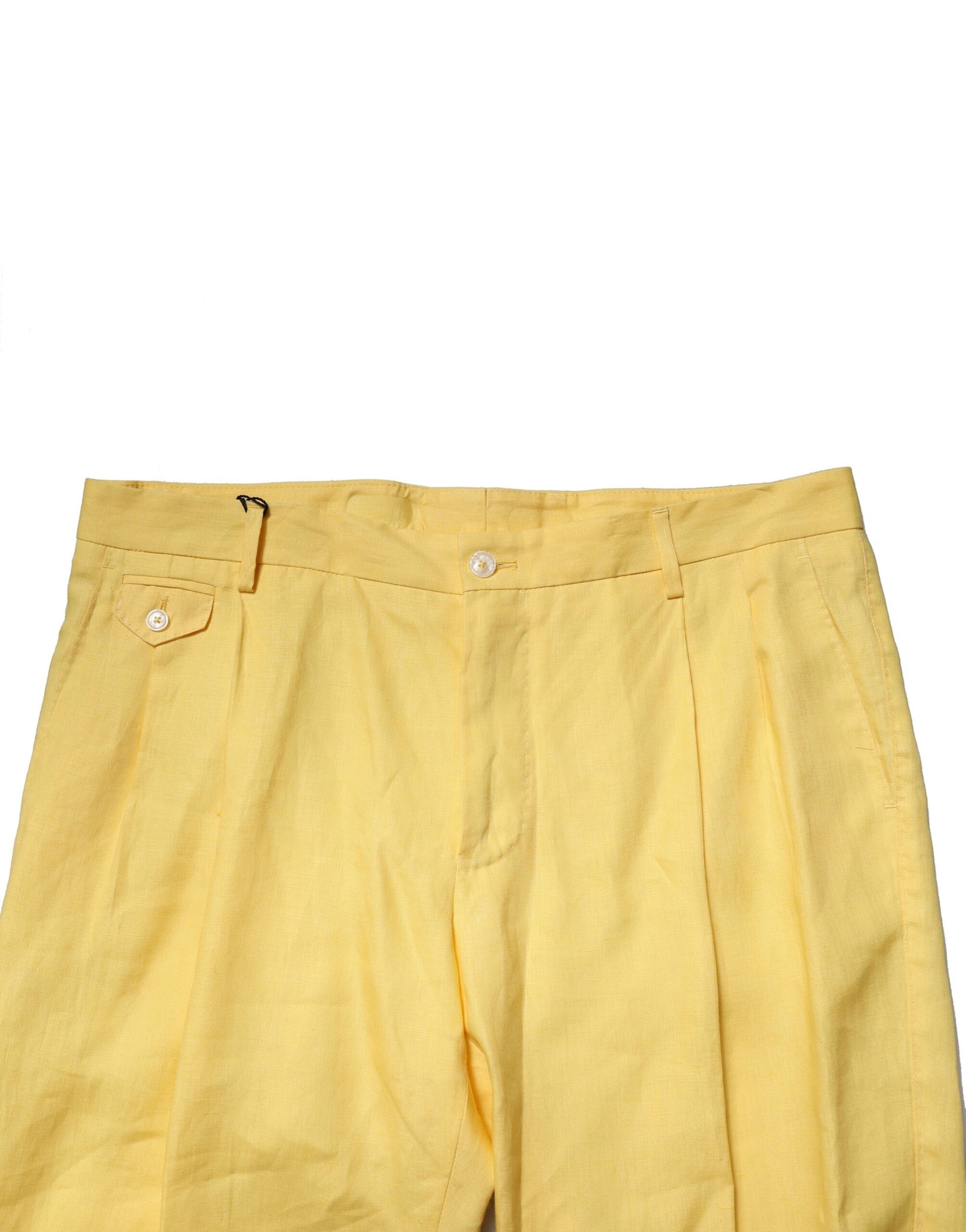 A pair of yellow men's trousers with a flax tapered design