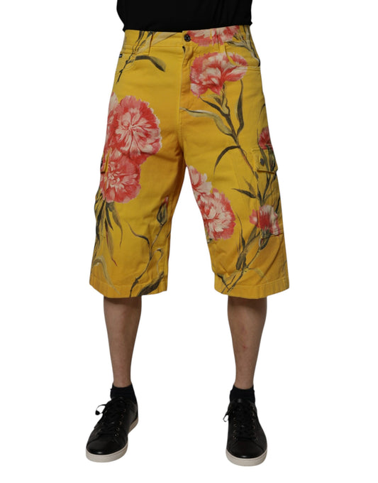 A pair of yellow floral cargo denim men's bermuda shorts