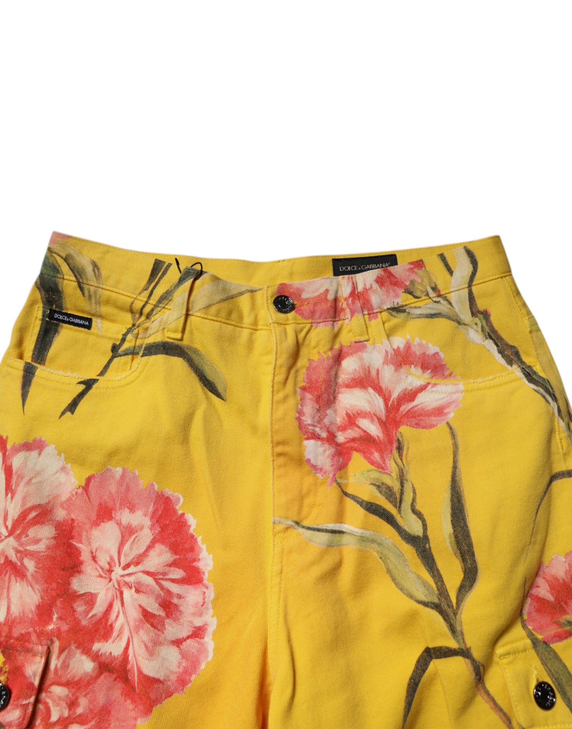 Yellow floral cargo denim men's shorts with button closure and elastic waistband