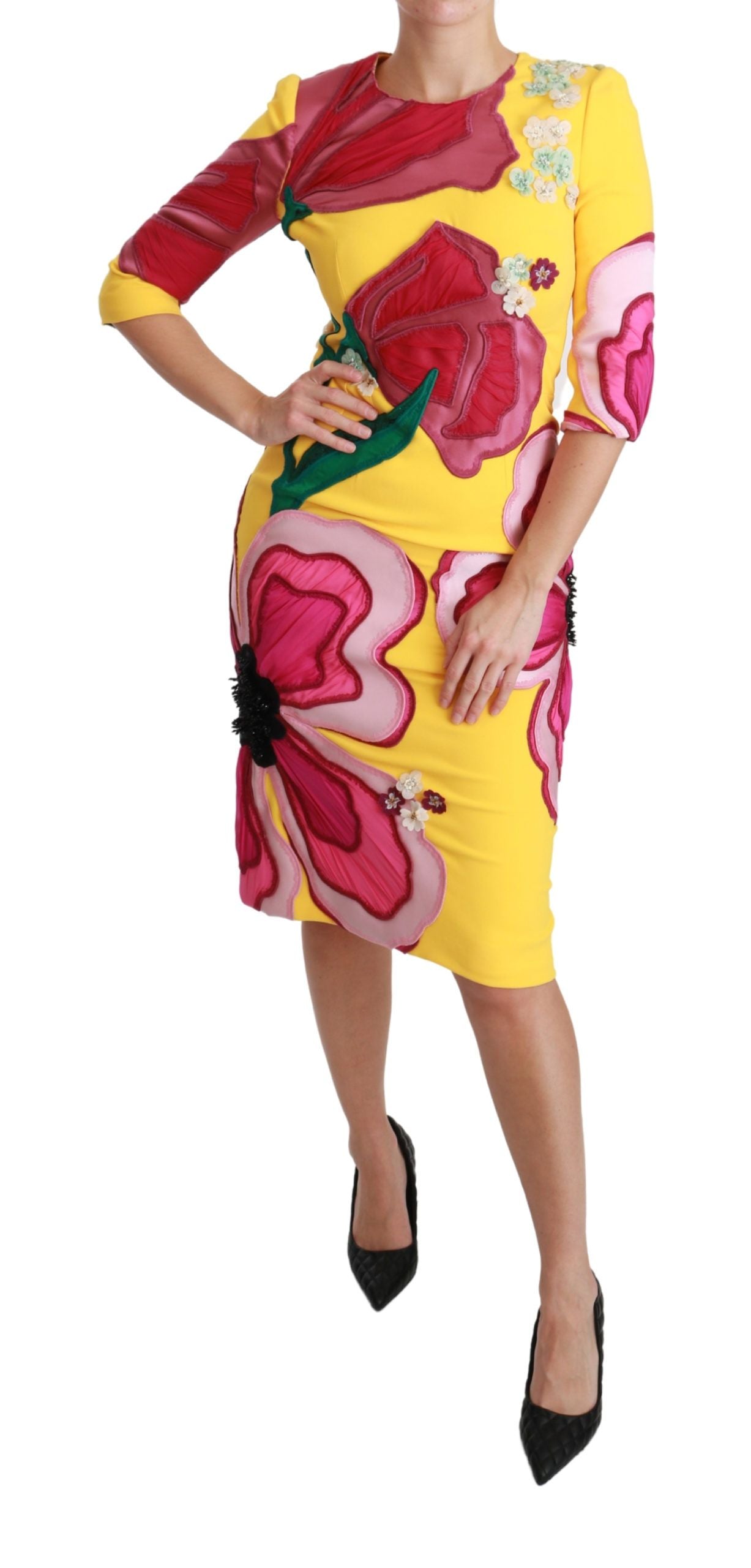 A yellow floral crystal bodycon sheath dress with a high neckline and short sleeves