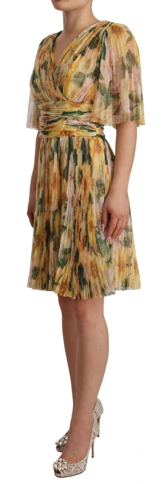 A yellow floral print pleated maxi dress from Dolce & Gabbana