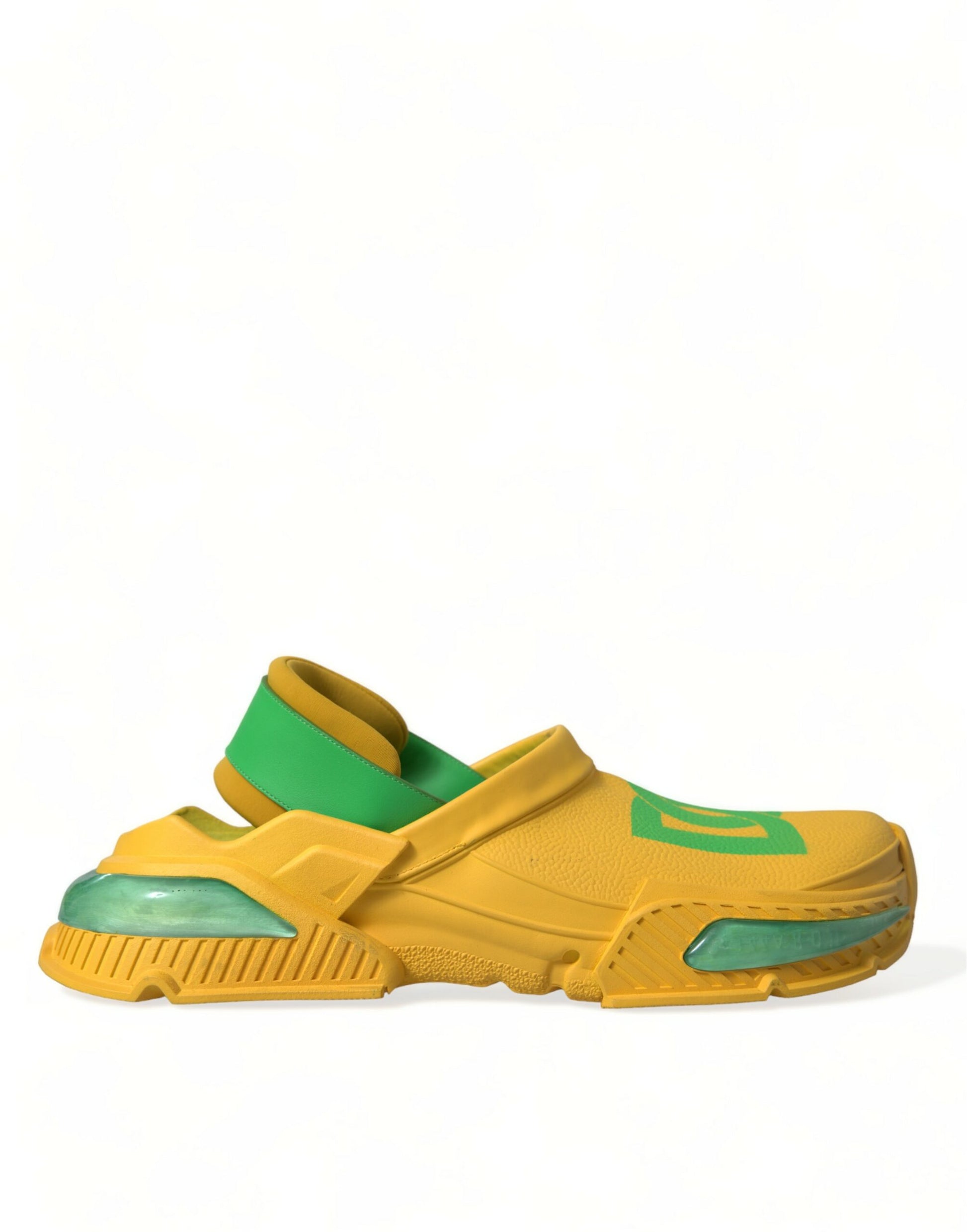 Yellow and green children's shoe with a strap across the top