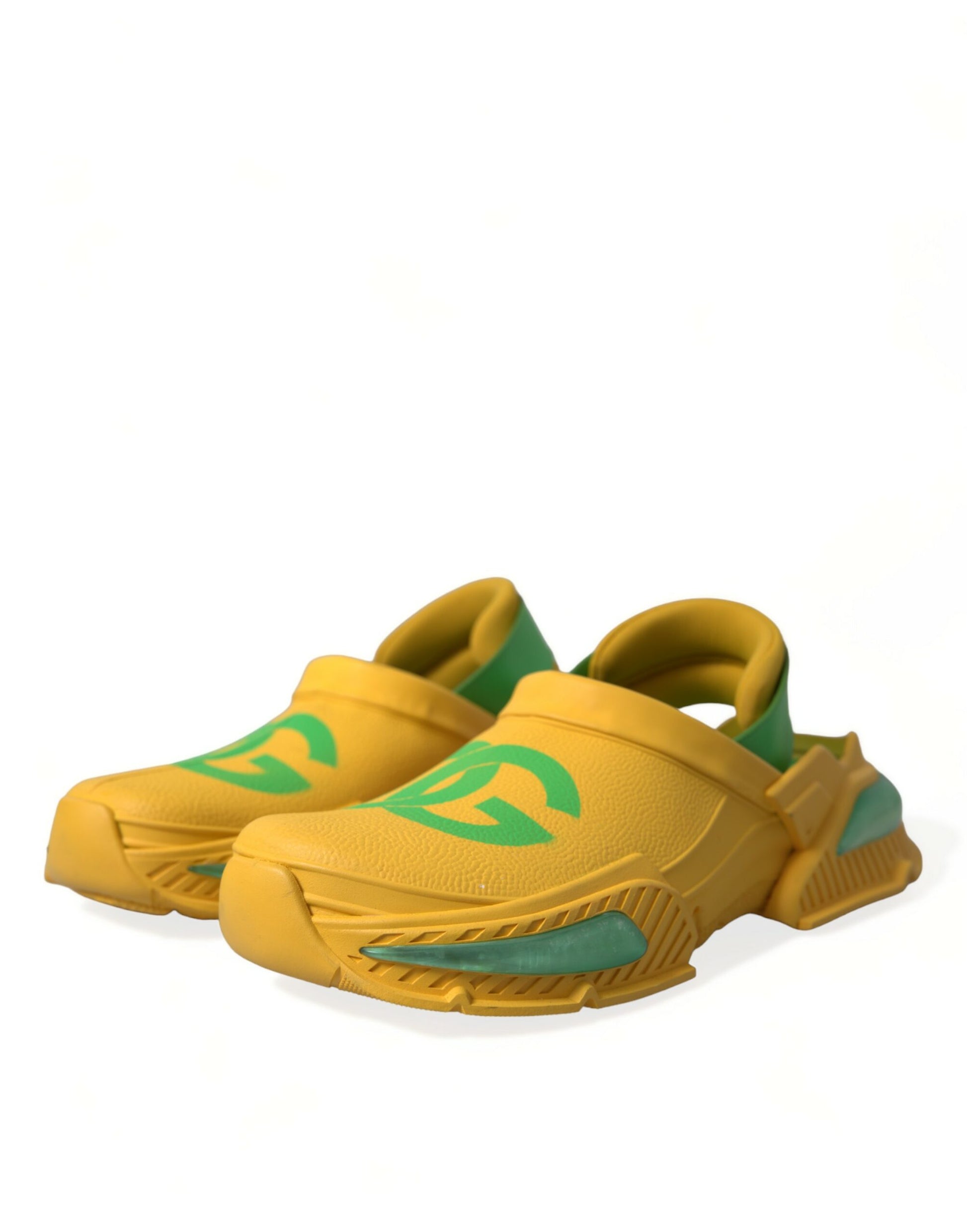Yellow and green children's sneakers with a strap across the top