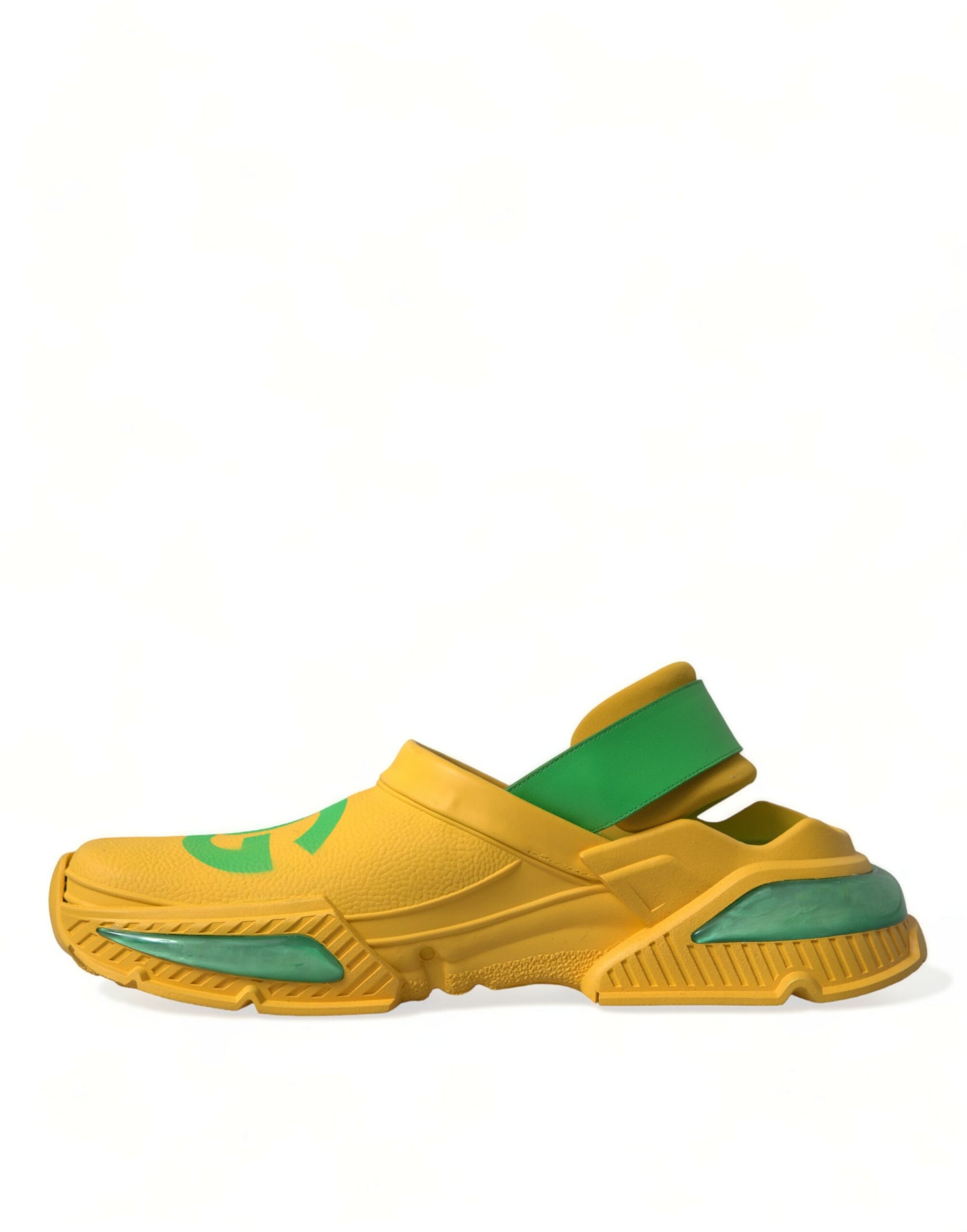Yellow and green athletic sandal with a strap over the foot