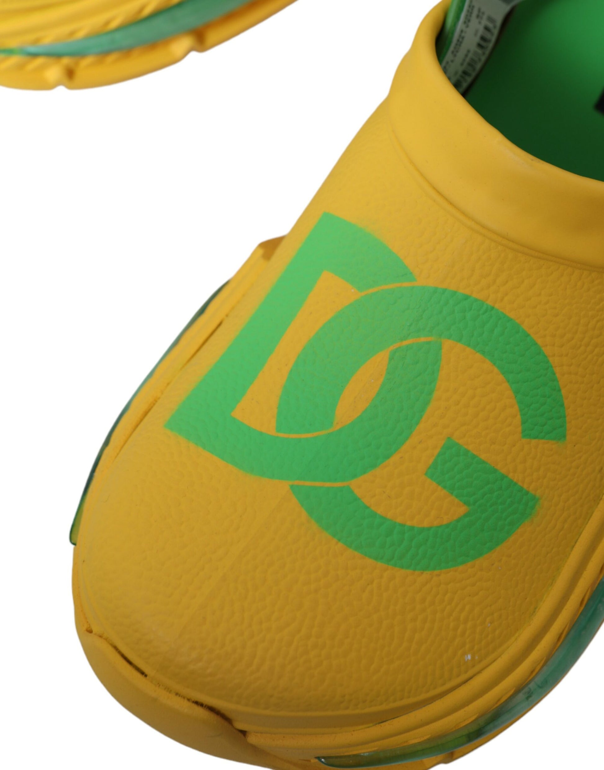 Yellow and green water shoes with logo on side