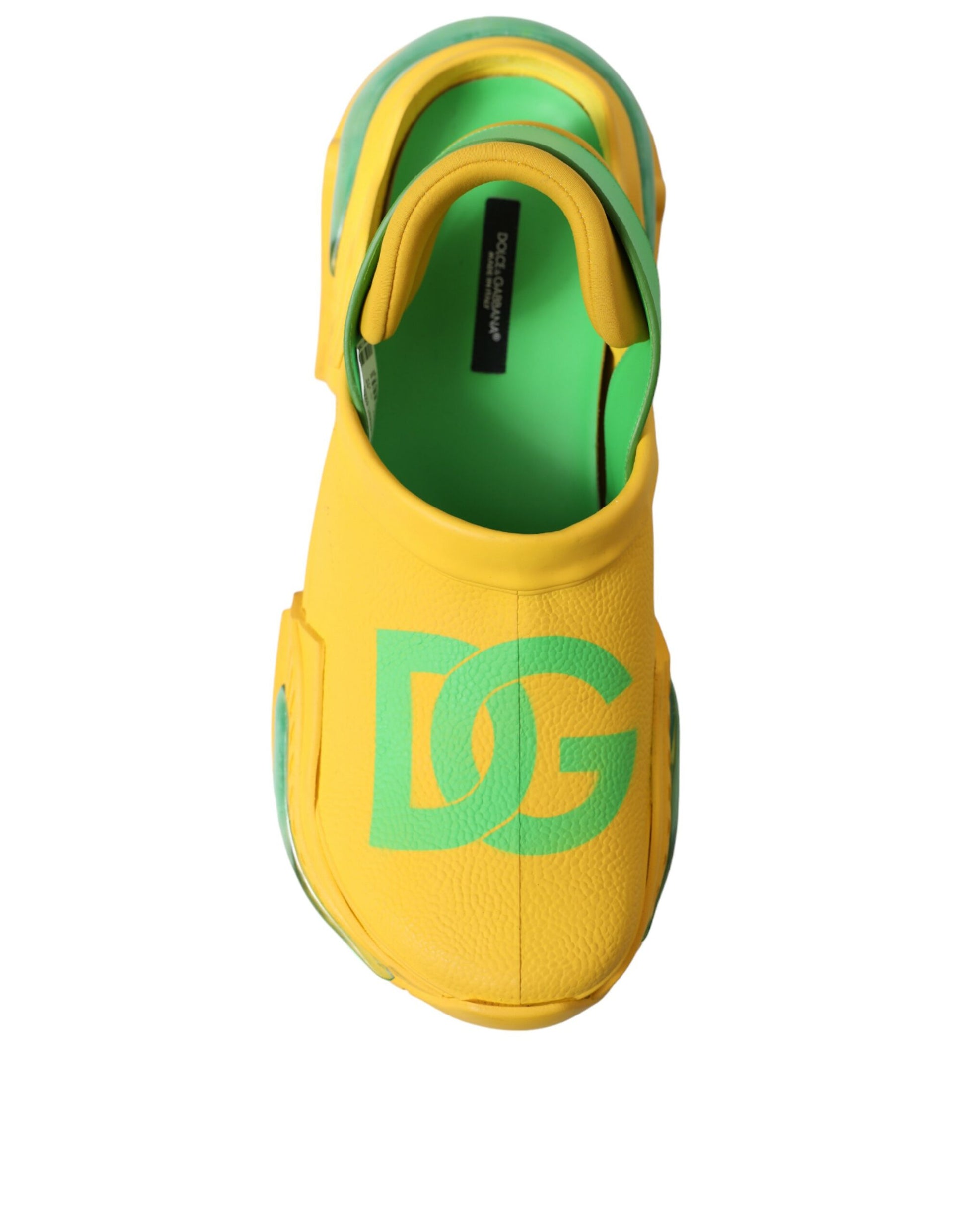 Yellow and green shoe with white sole