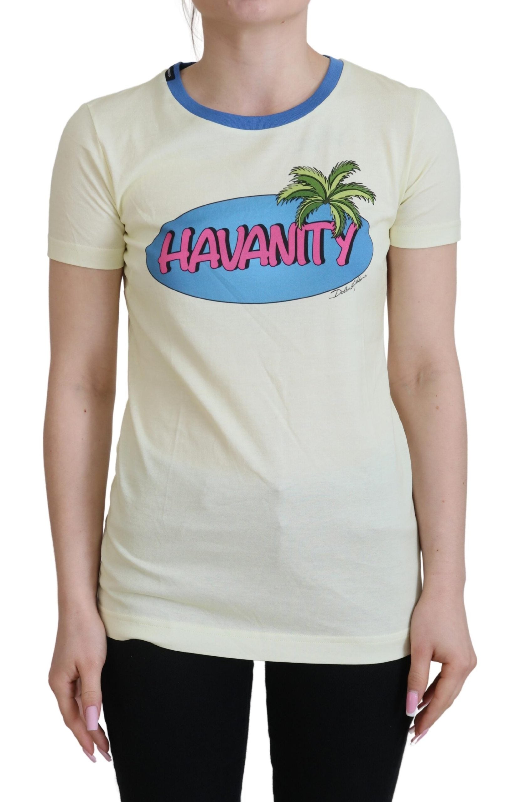 Yellow t-shirt with palm tree graphic and pink writing