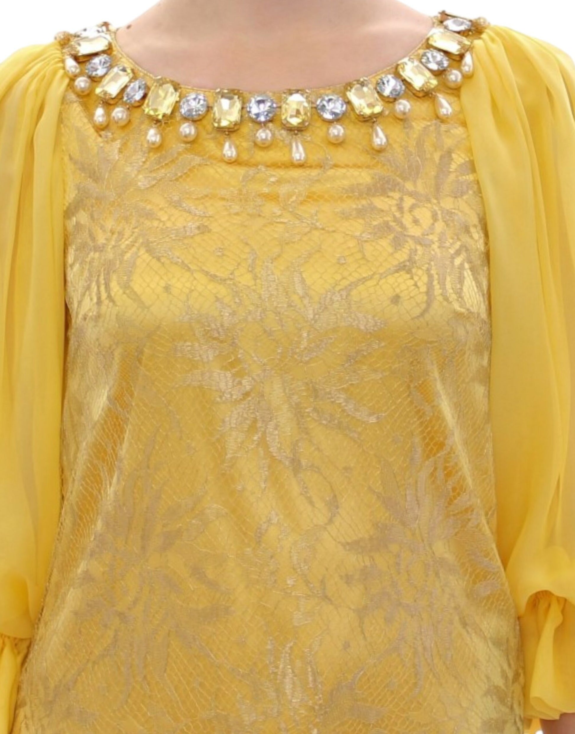 Yellow embroidered top with beaded neckline