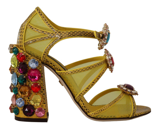 Yellow high heel shoe with embellishments and straps