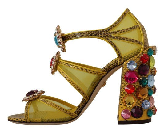 Yellow high heel sandal with embellishments of red and green stones