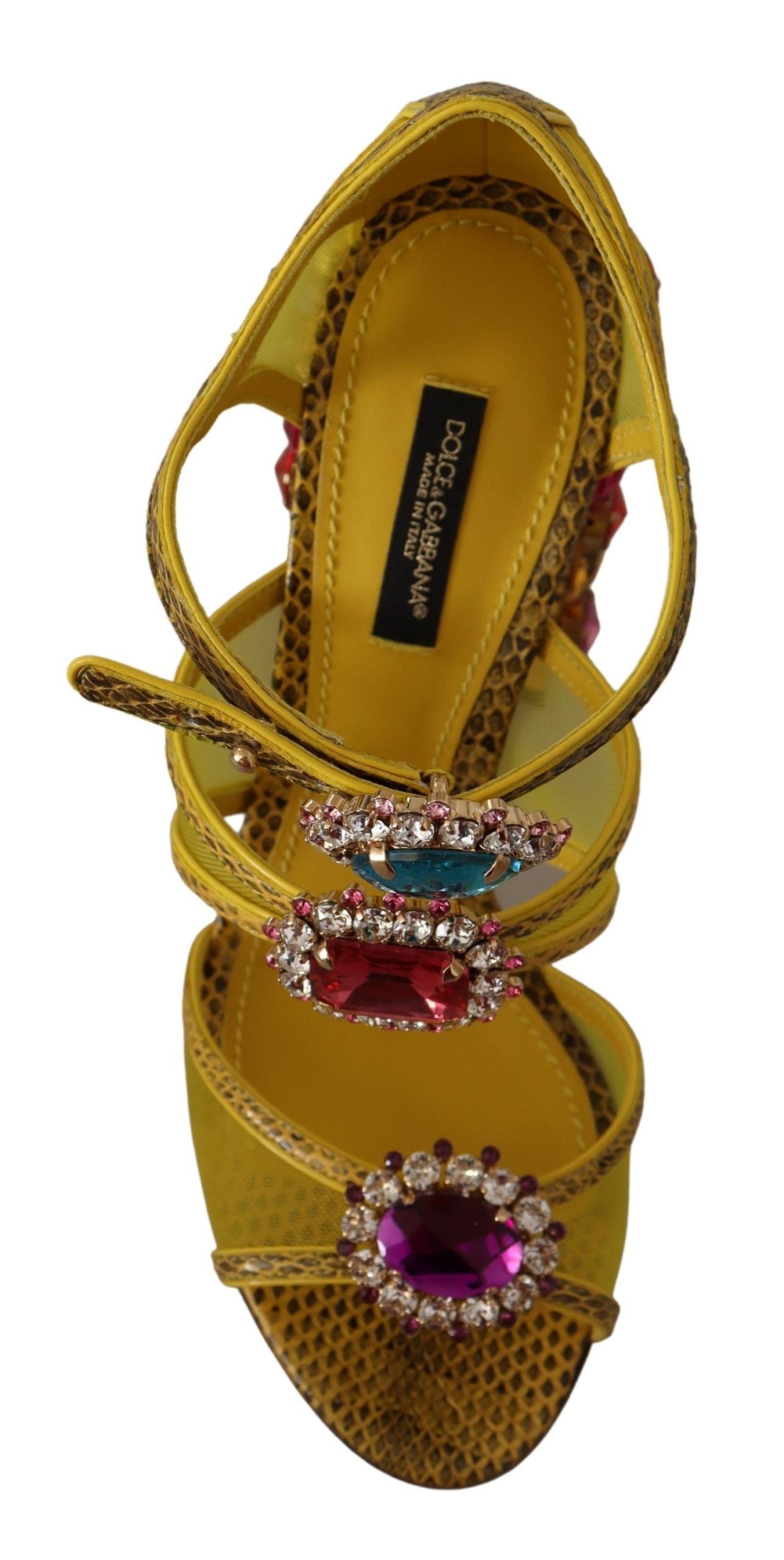Yellow high heel shoe with straps and embellishments