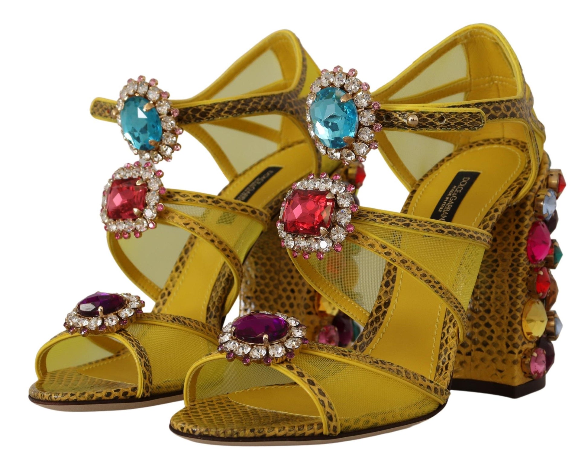 Yellow high heel shoes with rhinestones and pearls