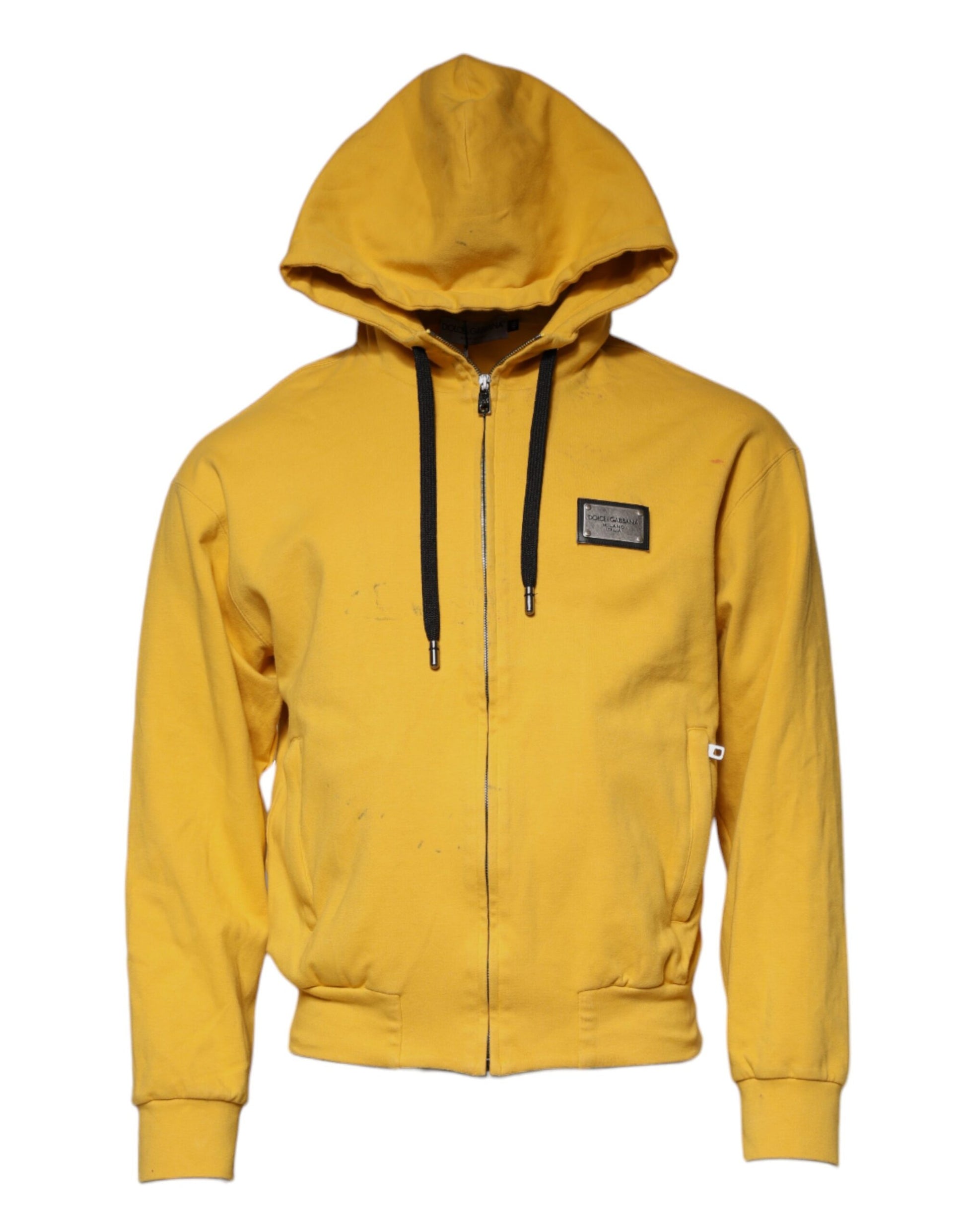 Yellow hooded jacket with black zipper and pockets