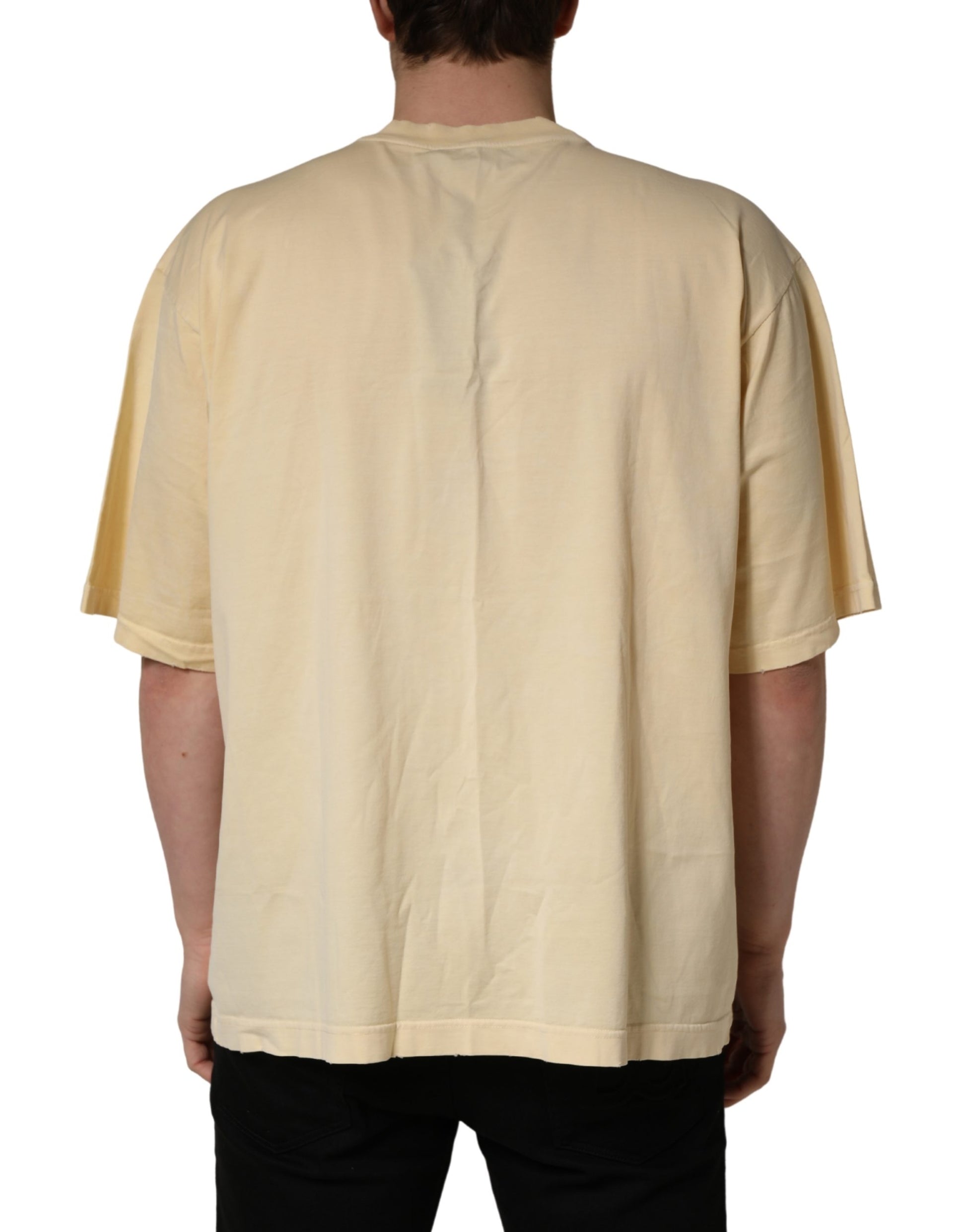 A yellow crew neck t-shirt with a logo print on the back