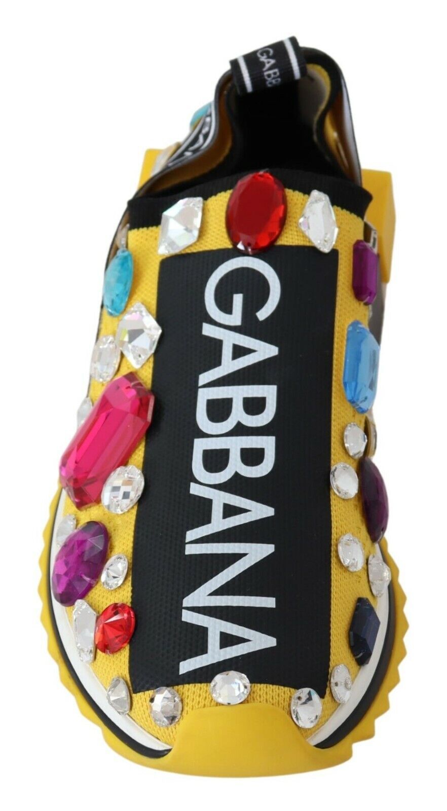 Yellow dog boot with rainbow jewels and black lettering