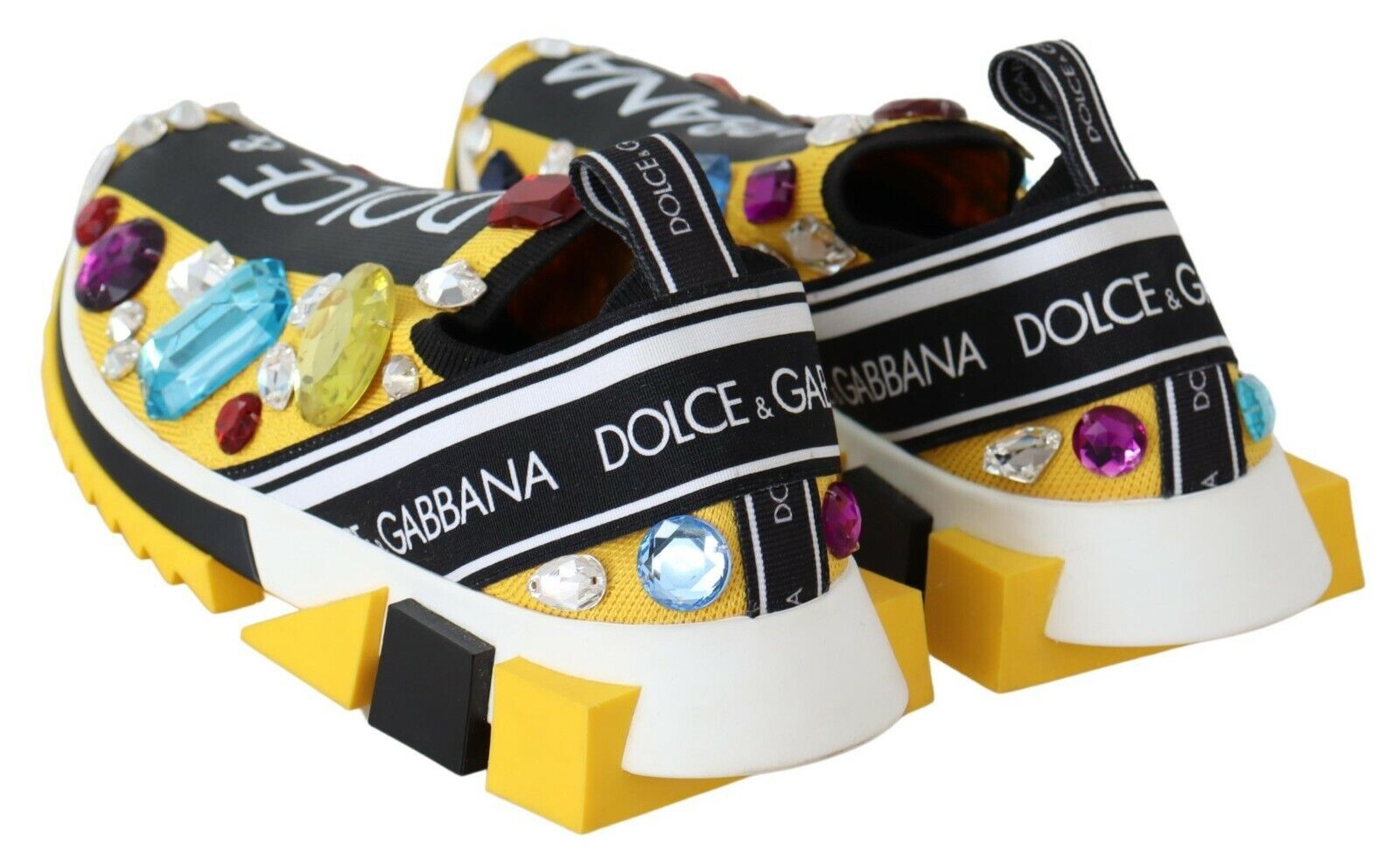 Pair of shoes with colorful stones and a yellow strap