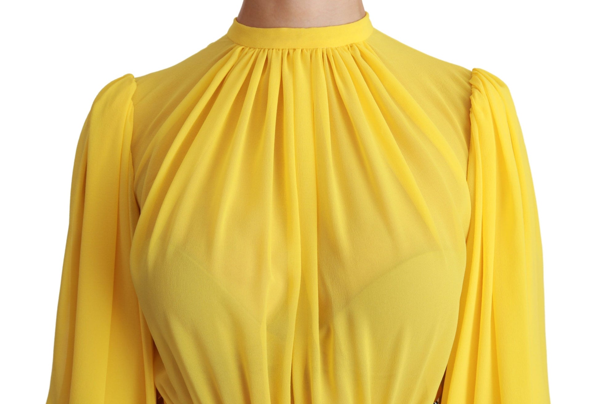 Yellow pleated dress with ruffled sleeves
