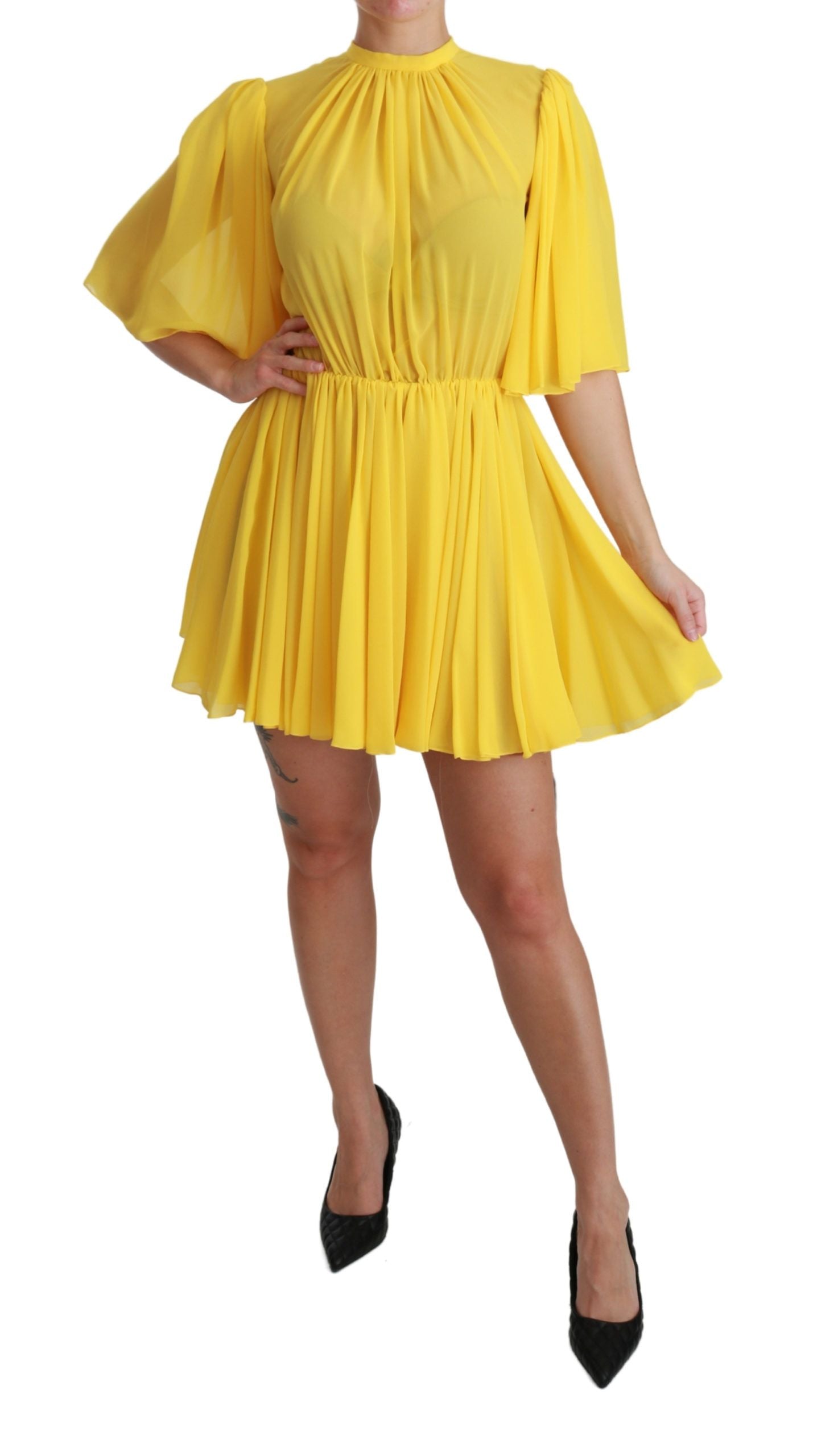 Yellow pleated mini dress with belt, 100% silk