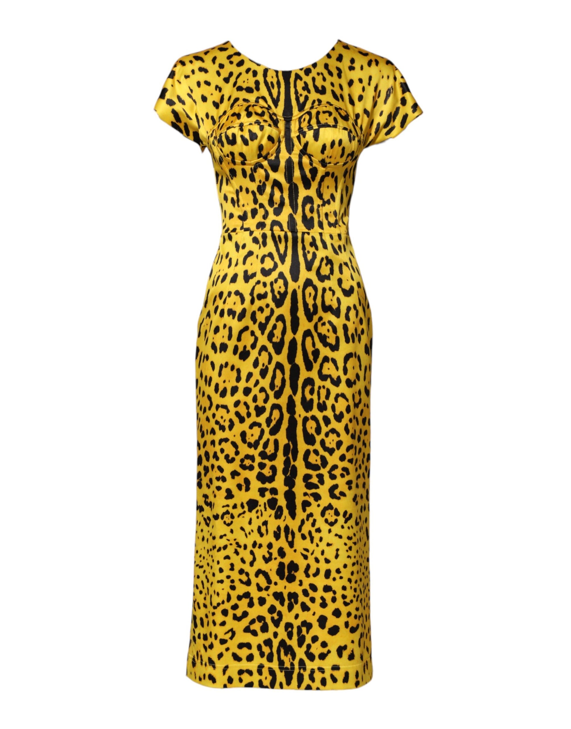 A yellow polyester leopard print midi sheath dress by Dolce & Gabbana