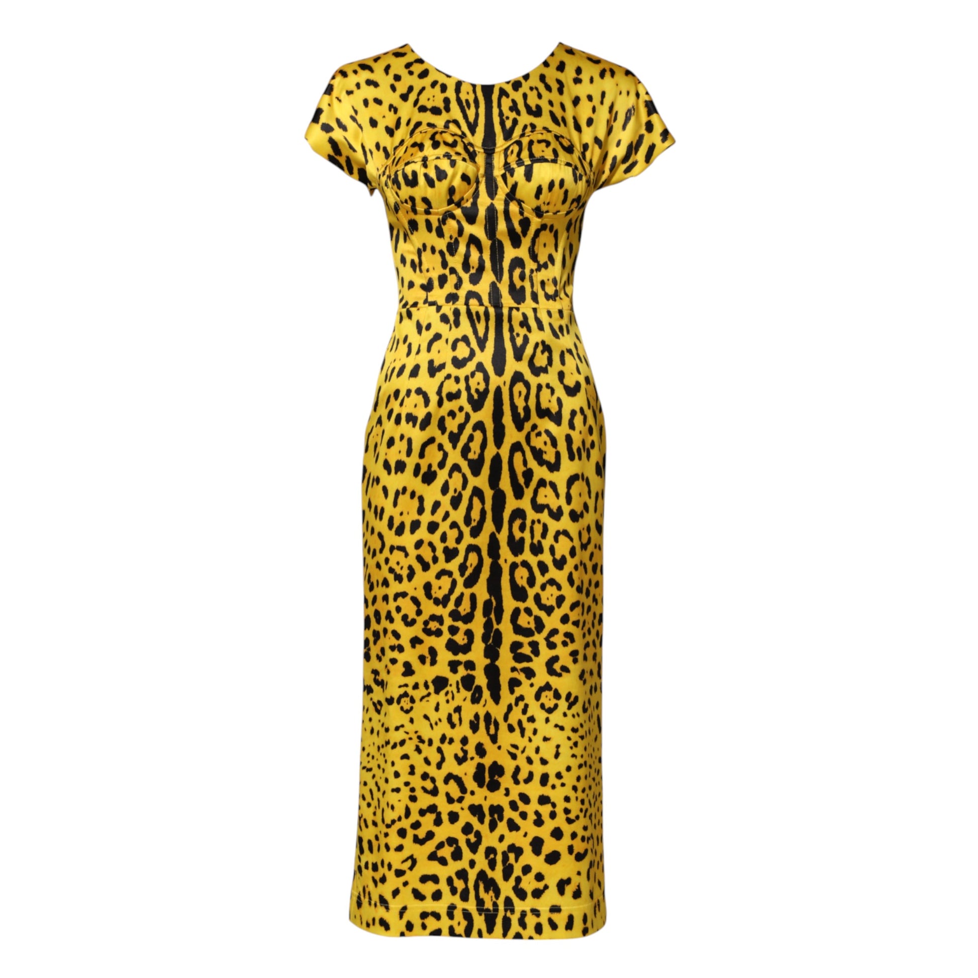A yellow leopard print midi dress with a sheath silhouette