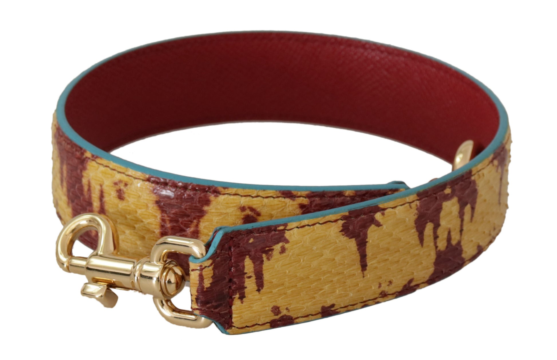 Reddish brown leather belt with blue trim