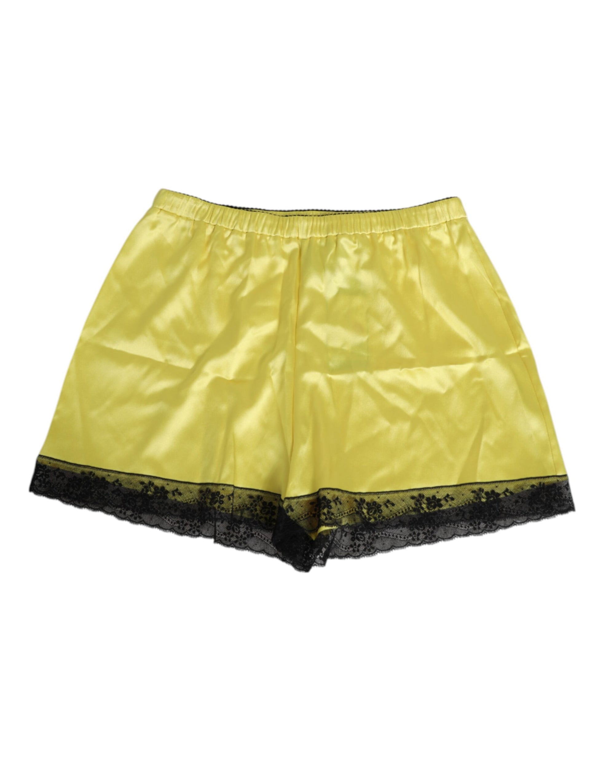 Yellow satin silk mid waist underwear shorts with black lace trim