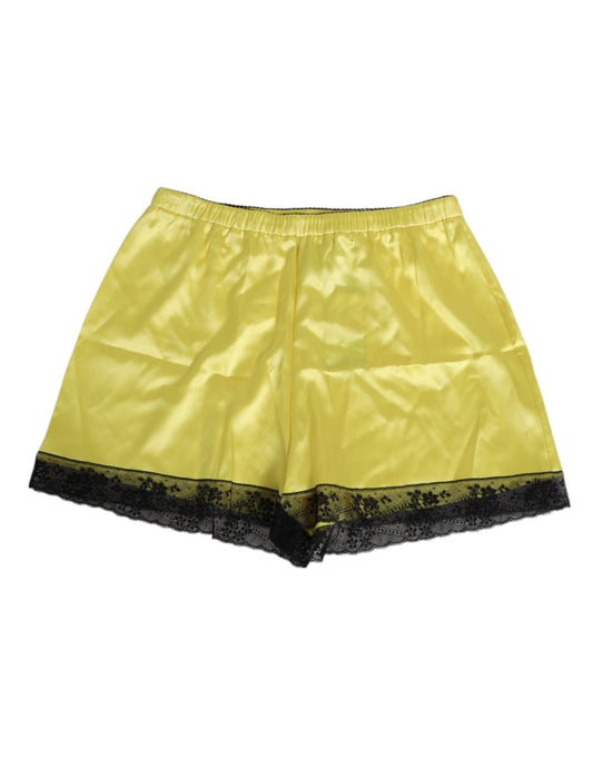 Yellow satin silk mid waist underwear shorts with black lace trim