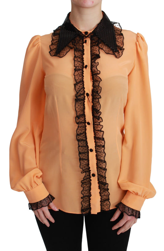 Yellow blouse with black lace trim