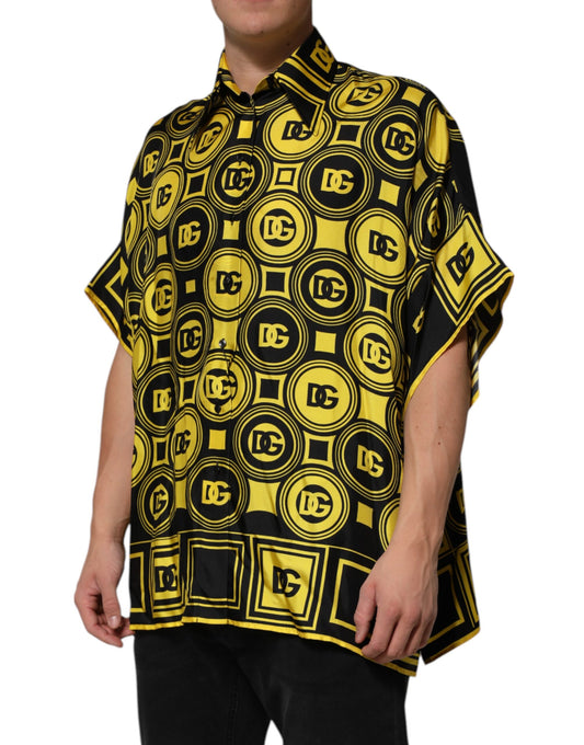 Man wearing yellow shirt with black design