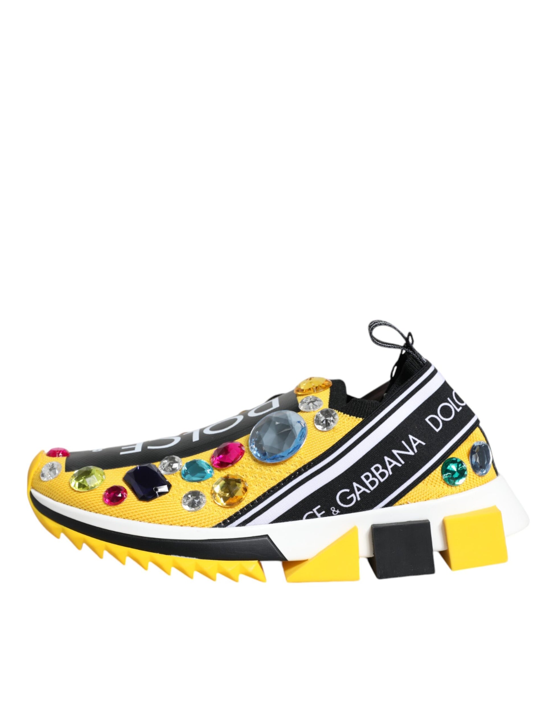 Yellow sneakers with crystal embellishments and black stripes