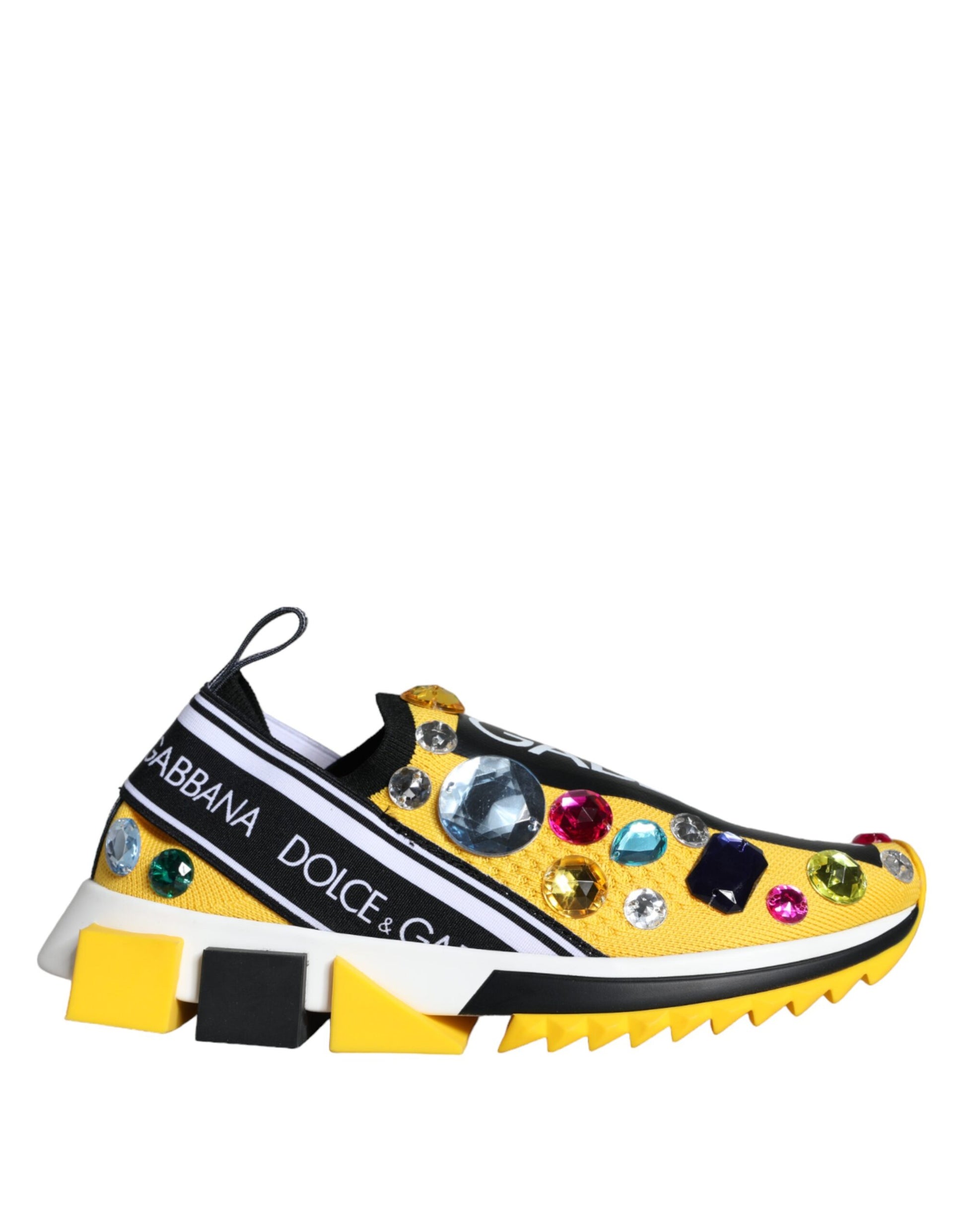 Yellow and white sneaker with glittery stones on side panels