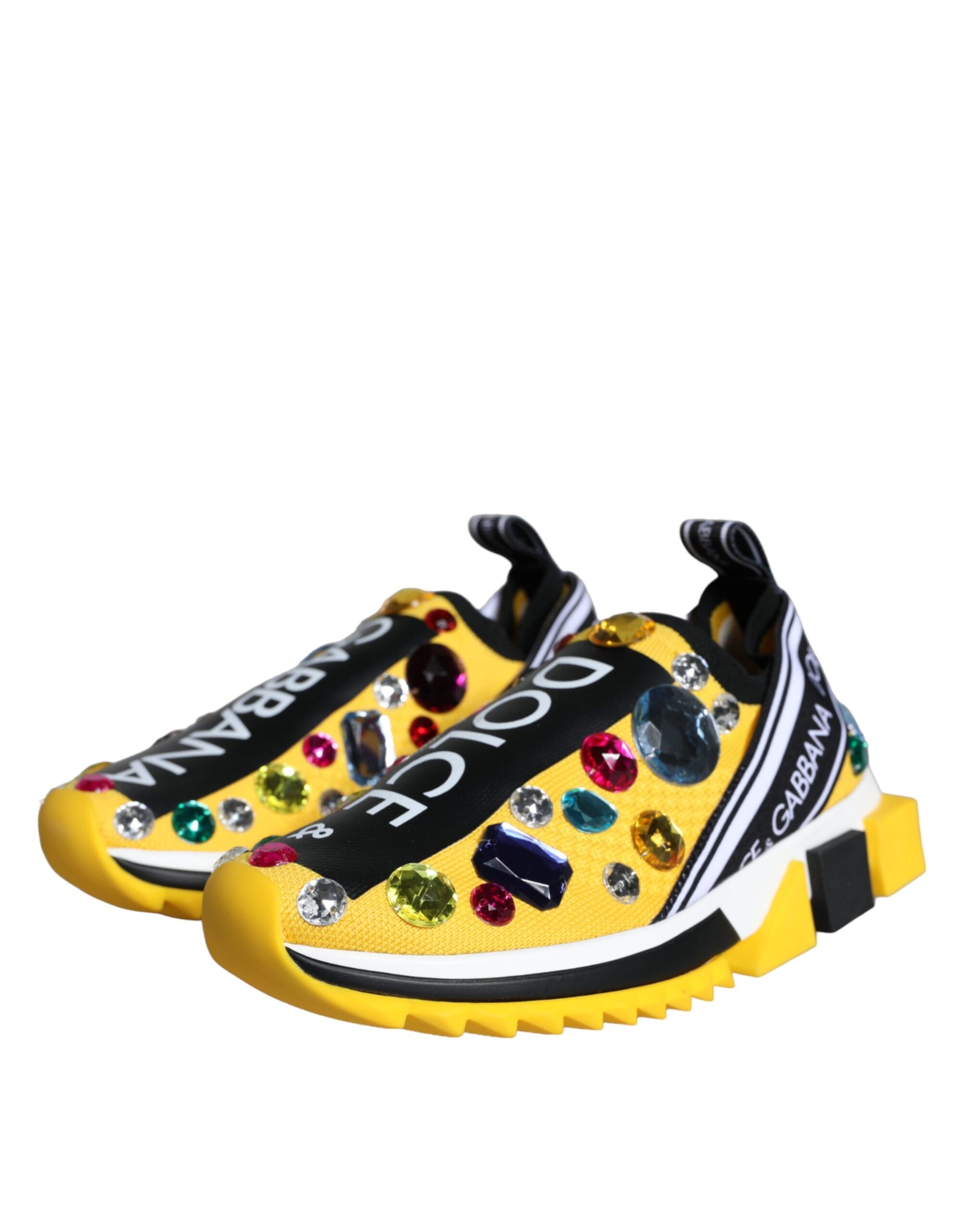 Colorful children's sneakers with glittery embellishments and a black stripe on the side