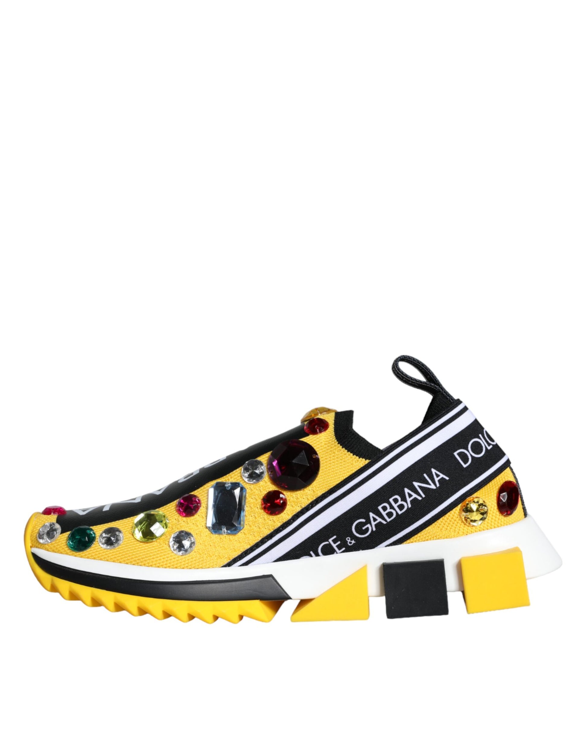 Yellow and black sneaker with white laces and a logo on the side