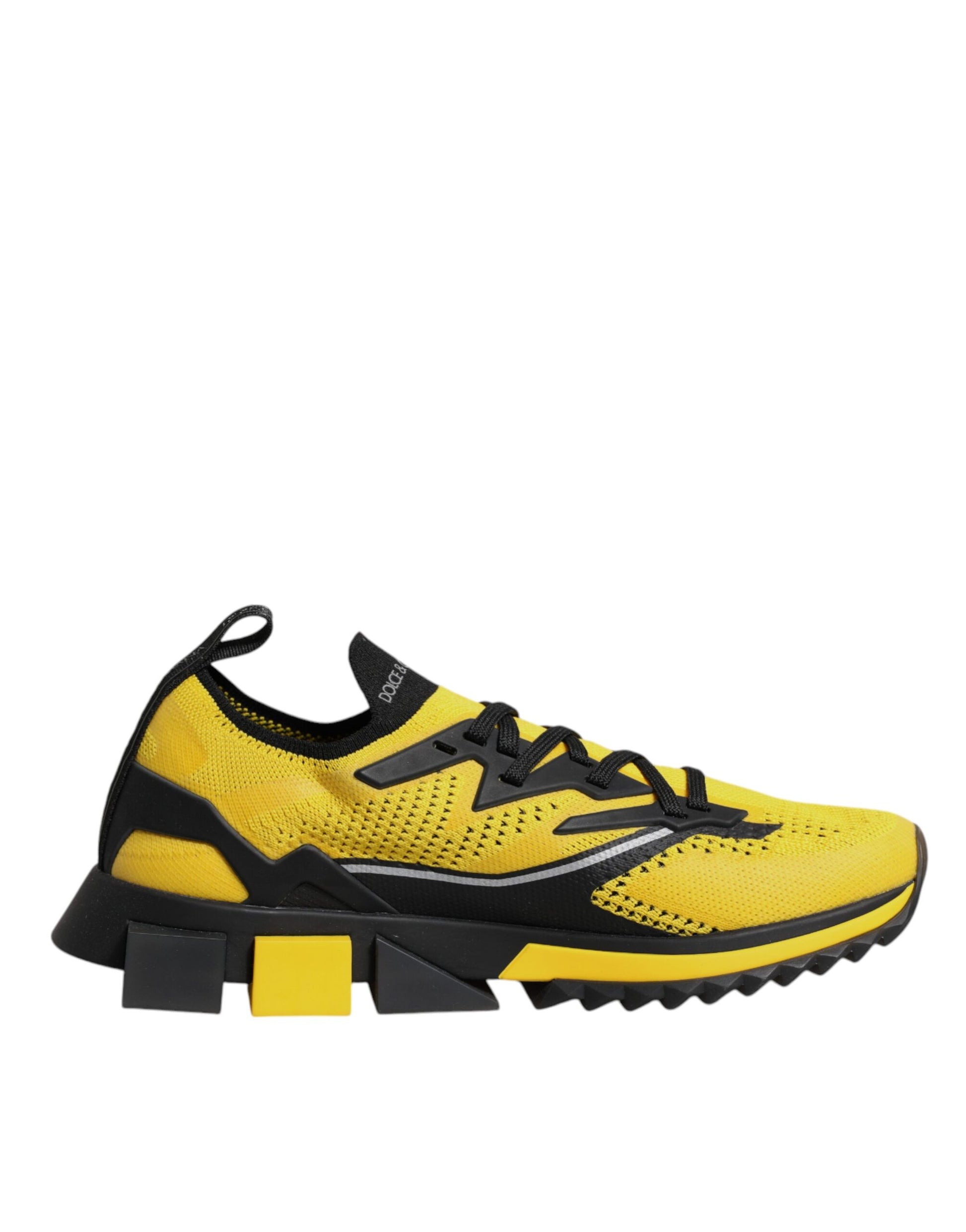 Yellow and black athletic shoe with a knit upper
