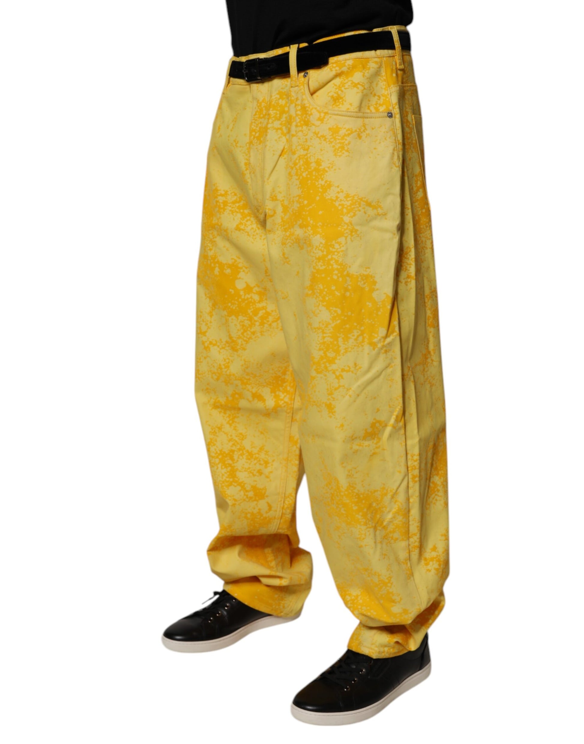 Yellow pants with floral pattern on mannequin