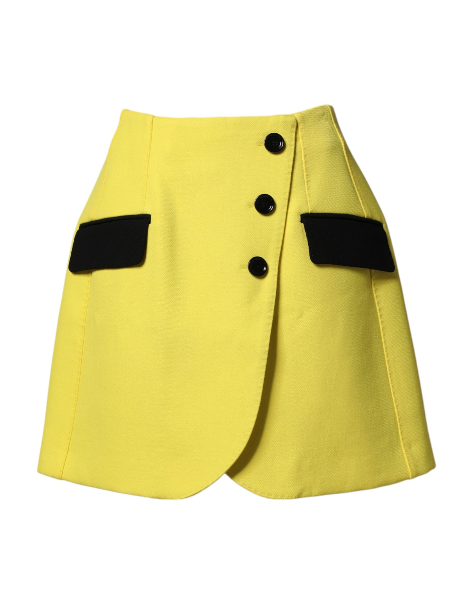 Yellow shorts with black buttons and pockets