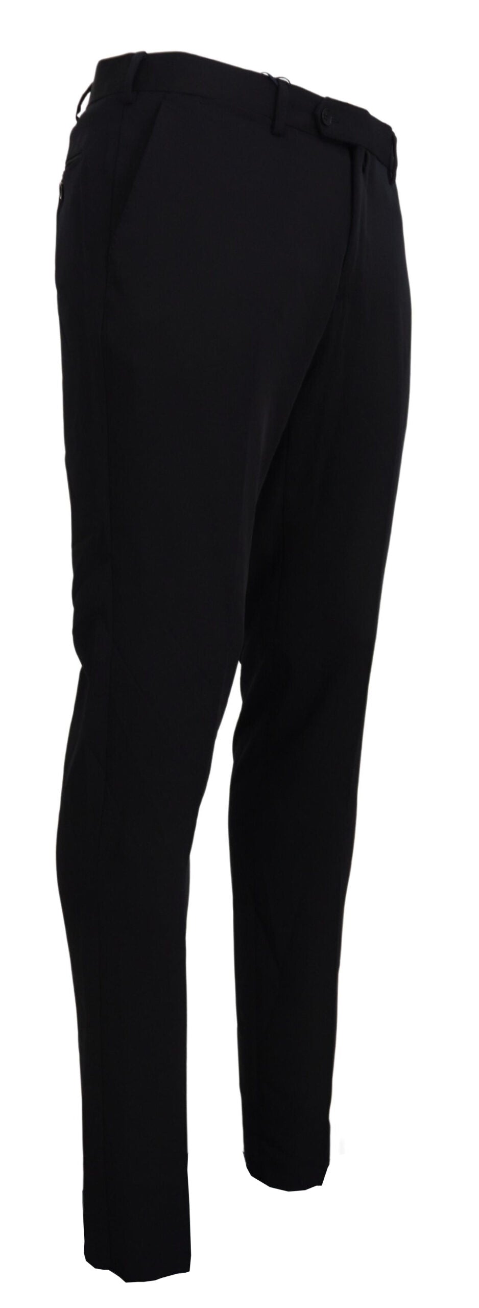 A pair of black polyester tapered dress pants