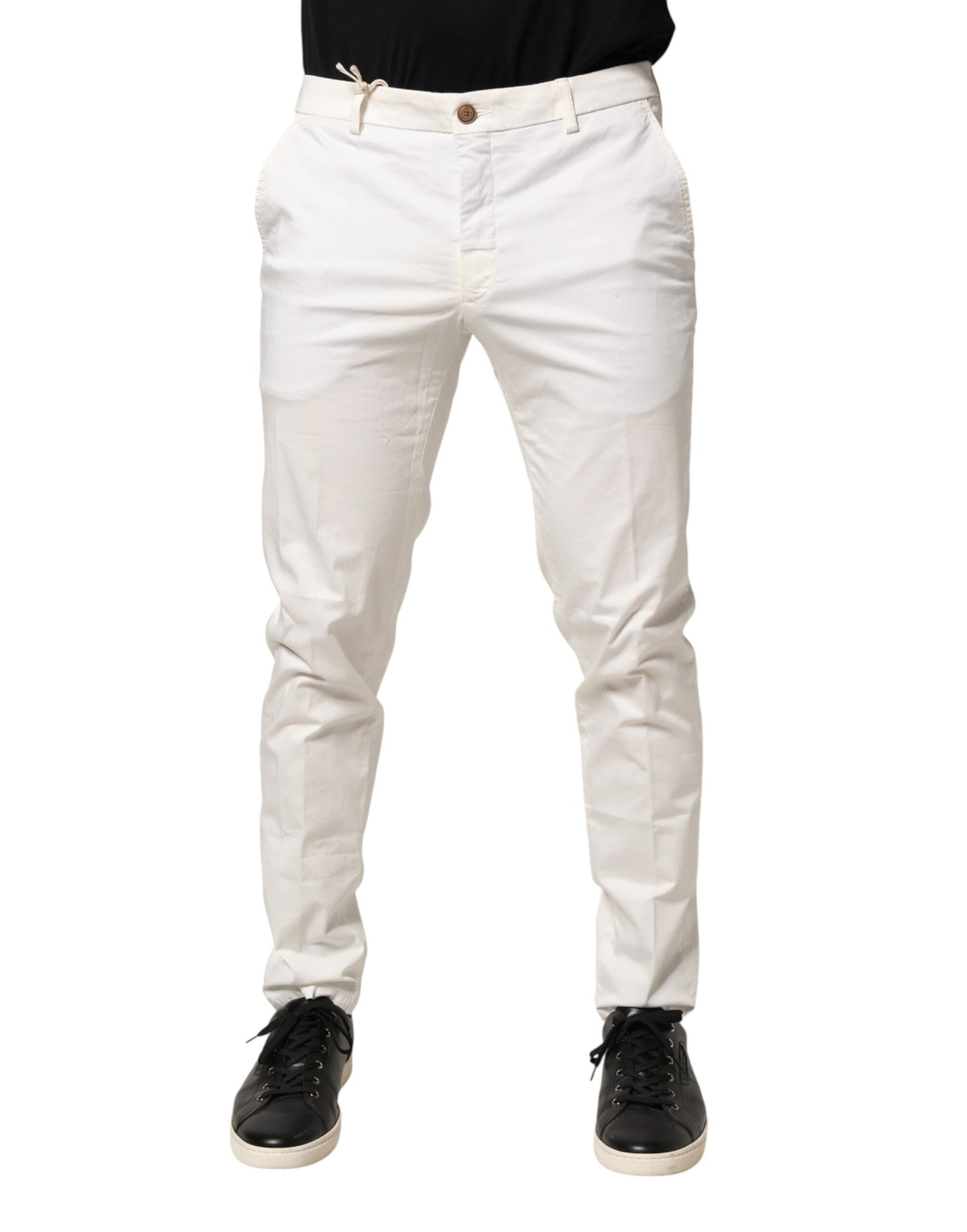 Men's white tapered dress pants with elastic waistband and cuffs
