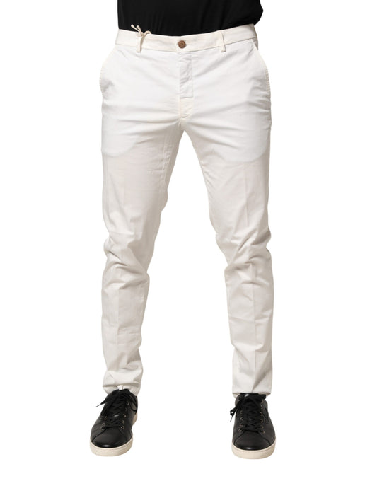 Men's white tapered dress pants with elastic waistband and cuffs