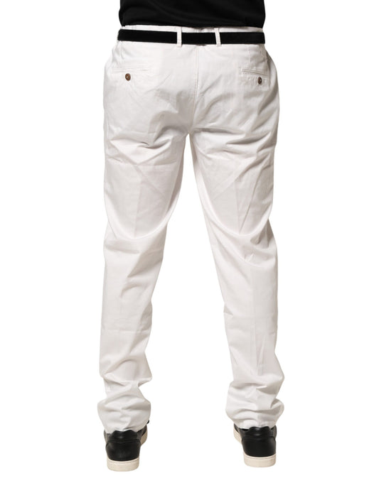 Men's white tapered dress pants with black belt loops and zipper