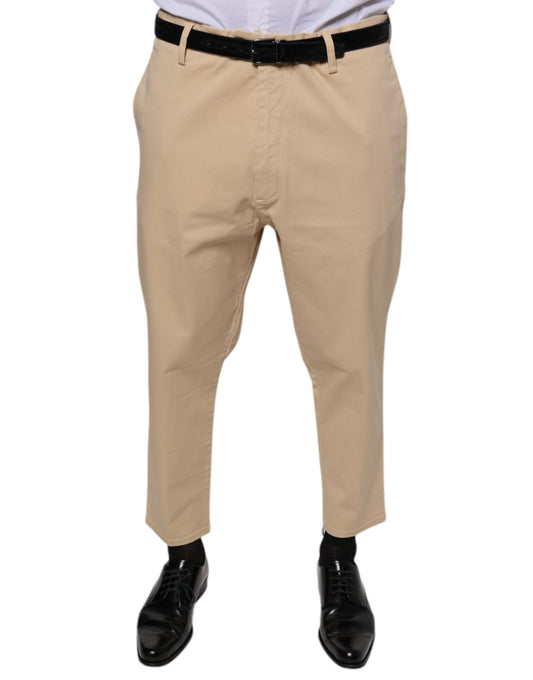 Khaki cropped dress pants with belt loops, pockets and zipper fly