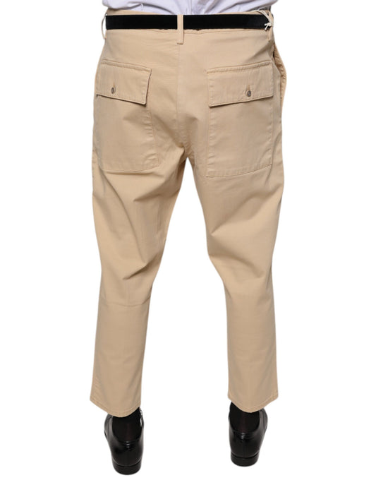 Khaki cargo pants with pockets, belt loops and zippered fly