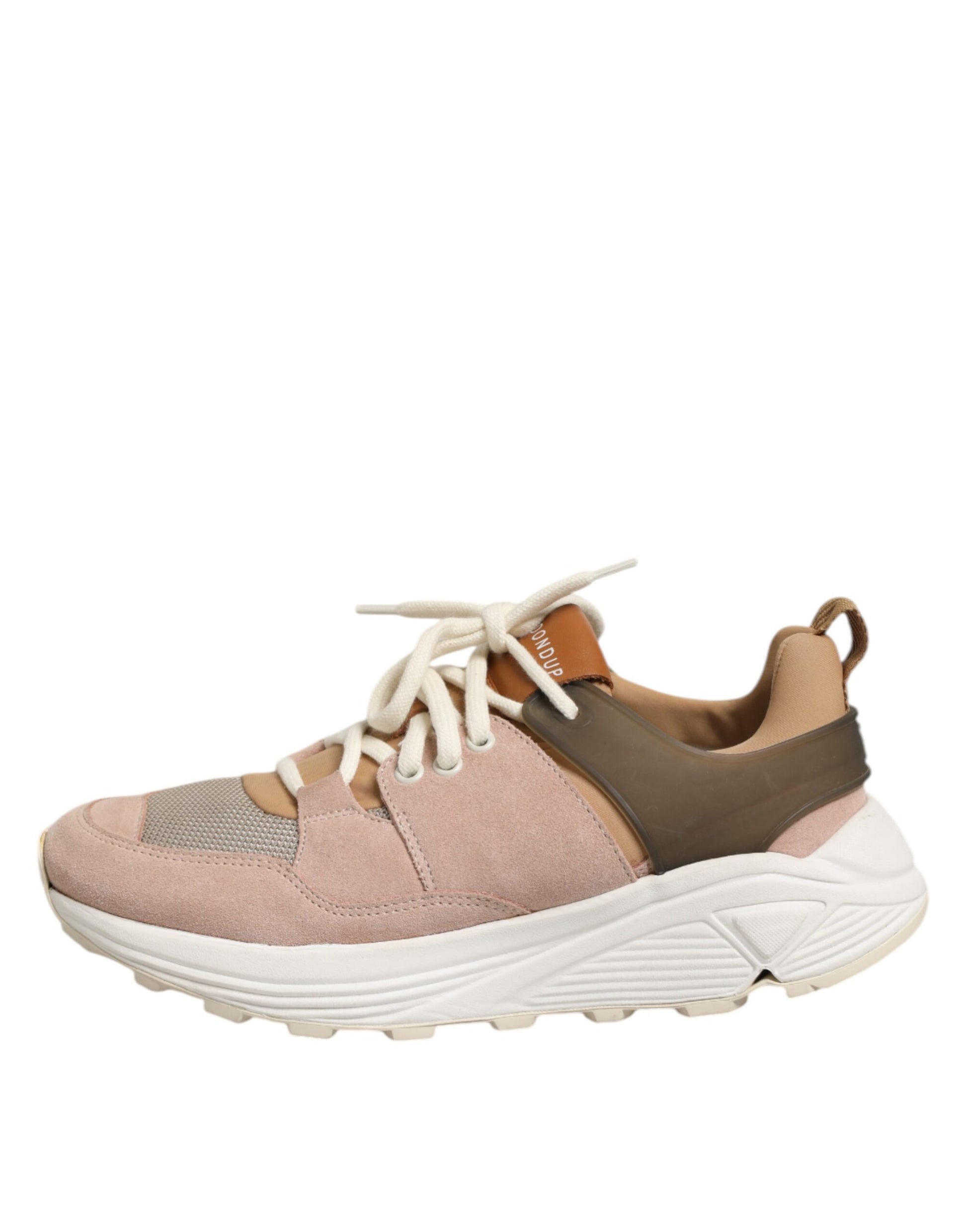 Pink and white sneakers with brown laces