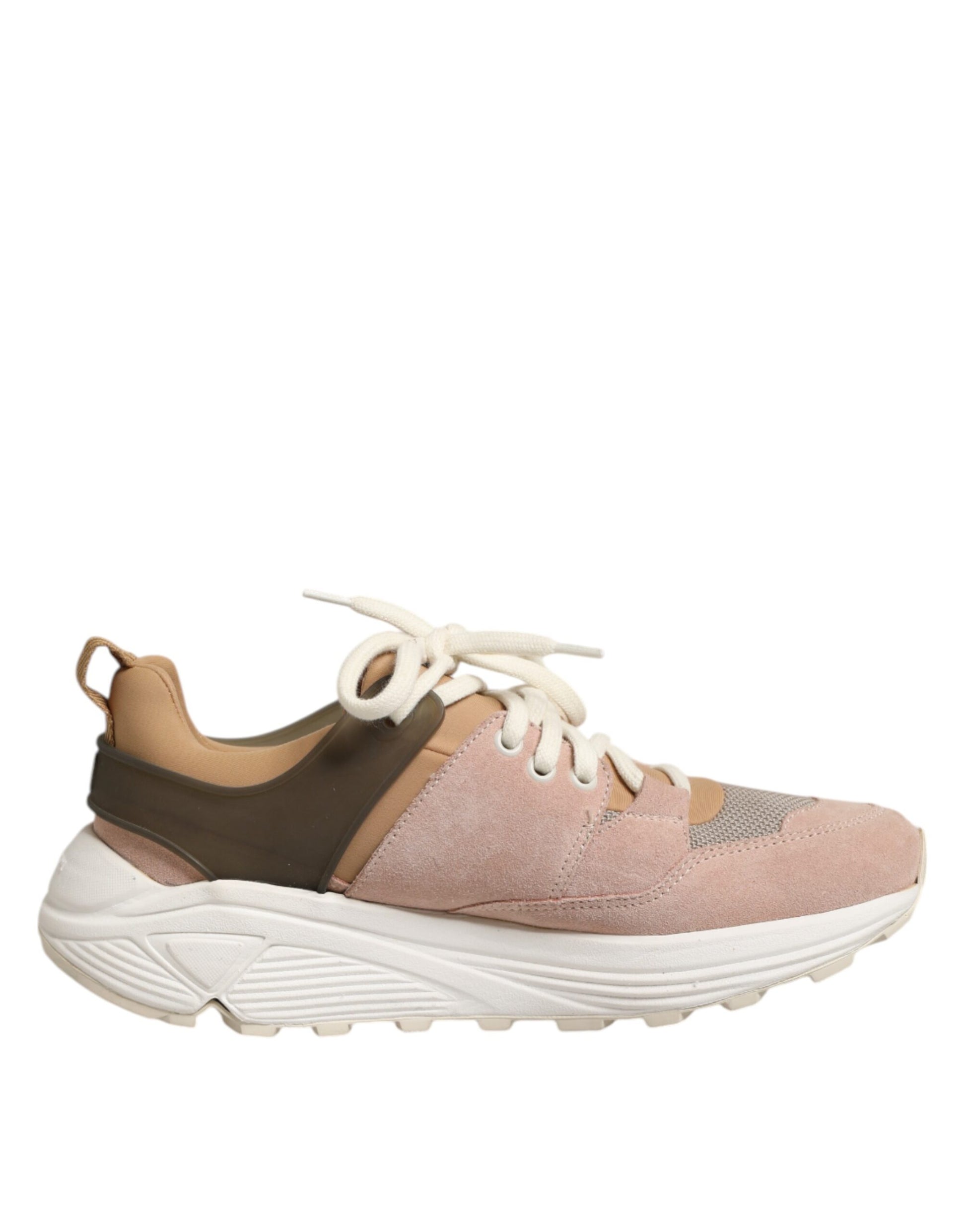 Pink and white athletic shoe with laces